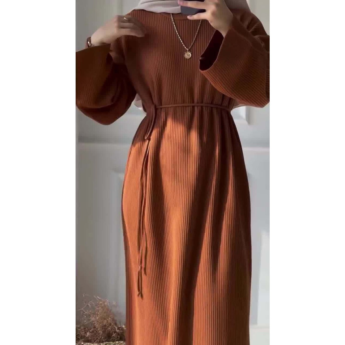 Casual Knitted Modest Dress with Flared Sleeves - Muslim-Friendly Crew Neck Pullover Maxi Dress with Belt(MS104)