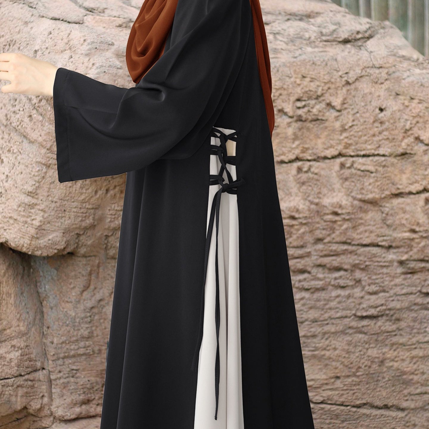 Colorblock Side-Tie Abaya | Two-Tone Round Neck Maxi Dress(MA362)
