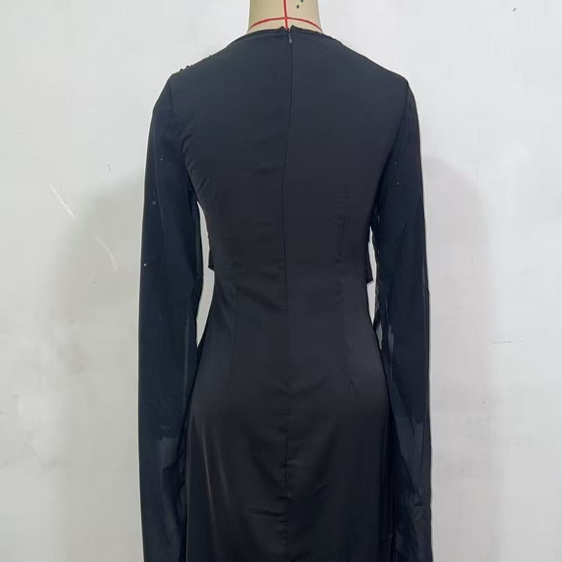 Sequin Embellished Formal Dress | Long Sleeve Ruched Bodycon Dress(MS272)