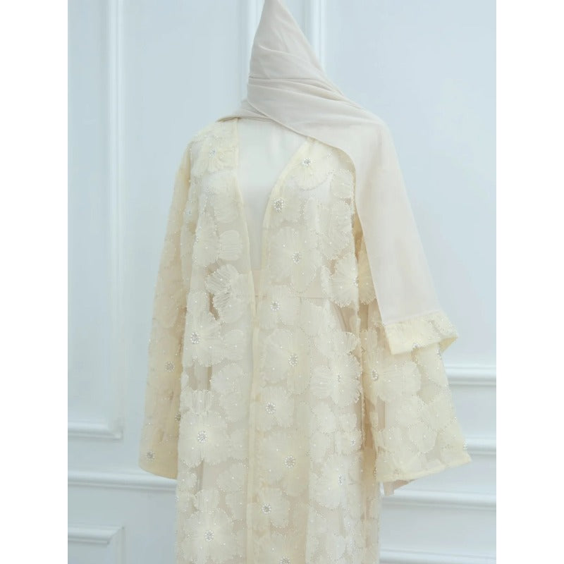 Mesh Flower Bead Open Abaya and Satin Interior Dress 2-Piece Set  | Elegant Muslim Wedding Guest Outfit(MOA222)