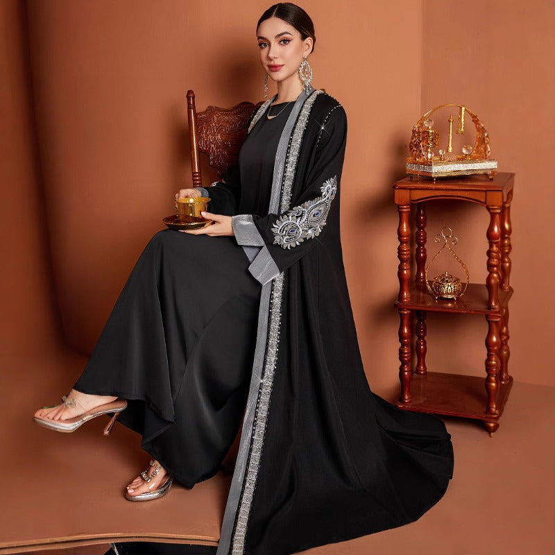 Luxury Embroidered Rhinestone Abaya | Open Front with Contrast Trim & Split Cuffs(MOA235)