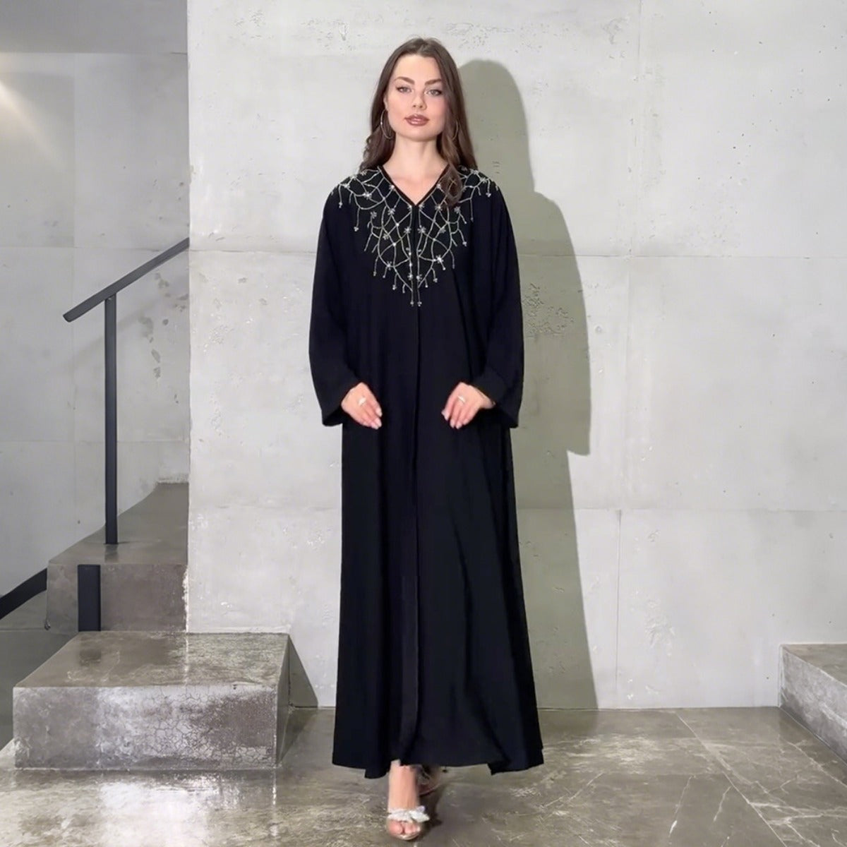Modest Muslim Loose Fit Black Diamond Embellished V-Neck Abaya Dress(MOA)
