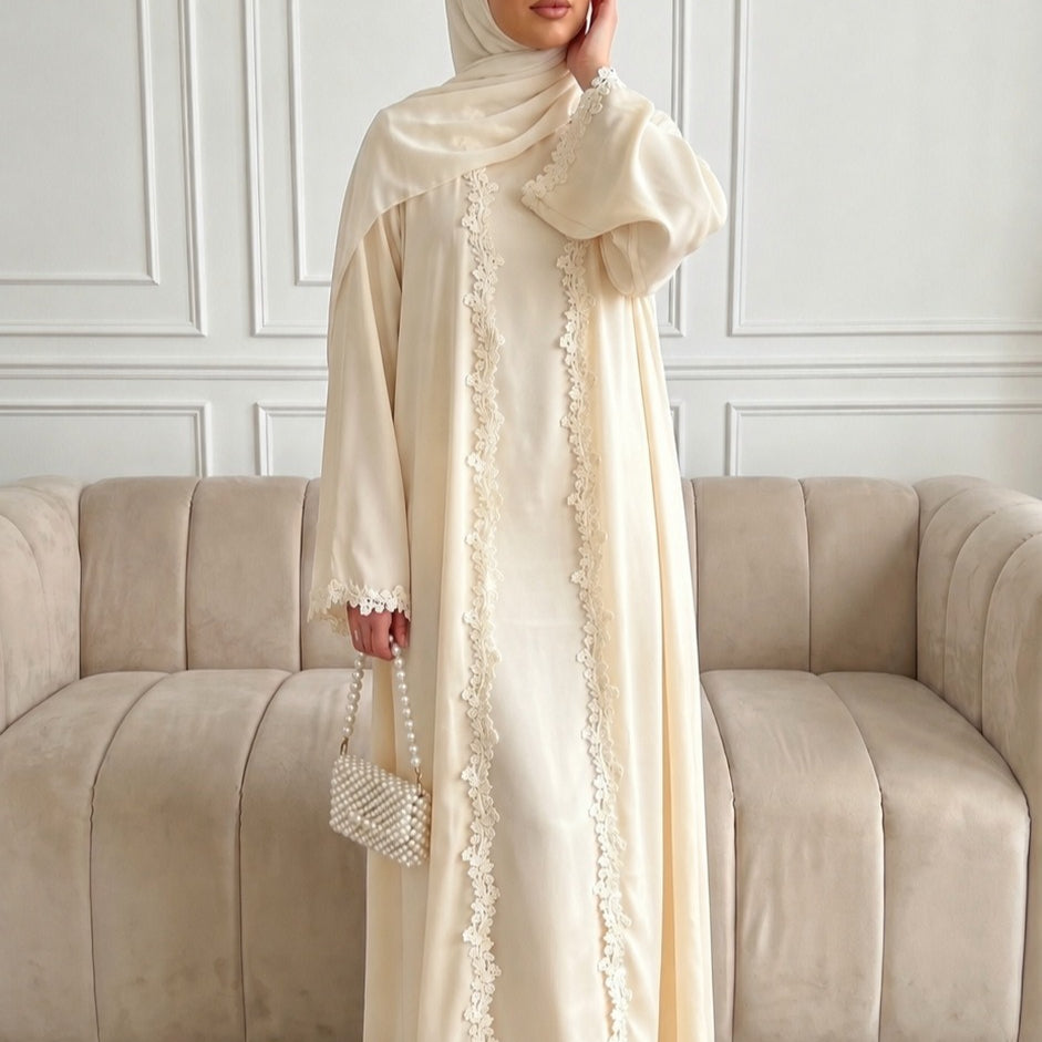 Open Front Abaya with 3D Floral Lace Trim(MOA318)