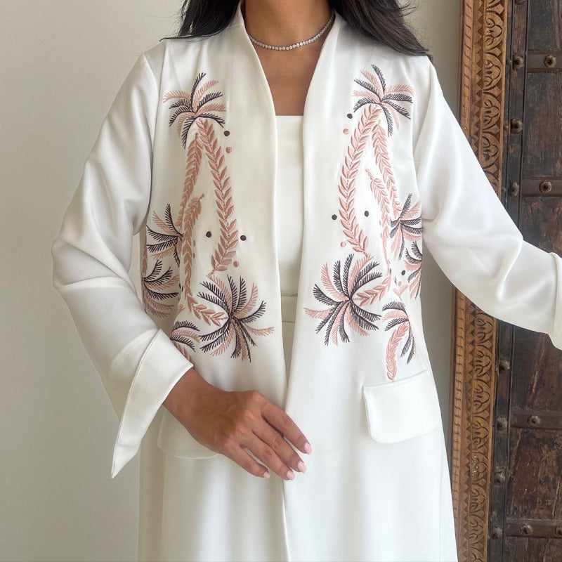 Ice Silk Crinkle Fabric  Embroidered V-Neck Abaya(MOA234)