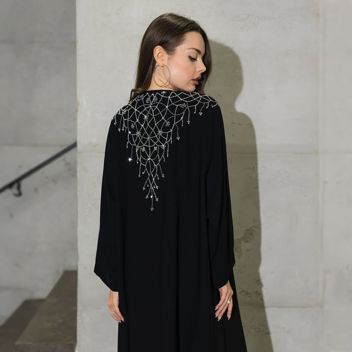 Modest Muslim Loose Fit Black Diamond Embellished V-Neck Abaya Dress(MOA)