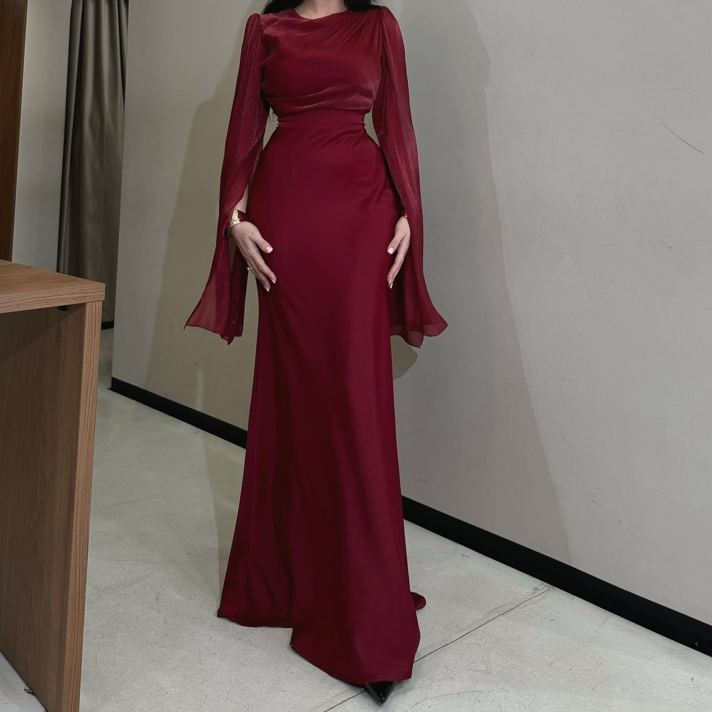 Cape Sleeve Gown with Tie-Back | Fitted Mermaid Maxi Dress(MS230)