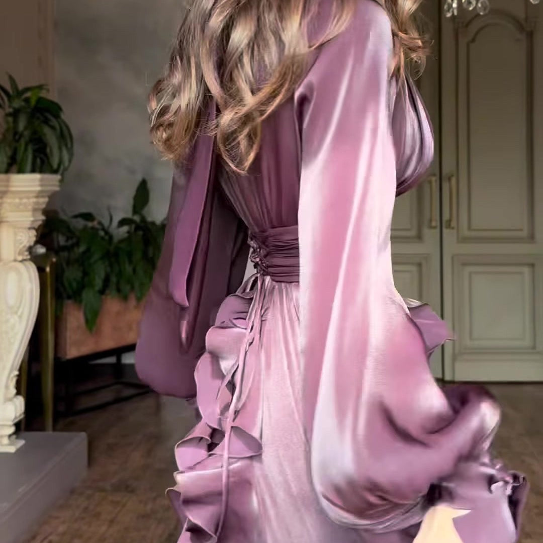 Cascading Ruffle Gown | High Neck Tie-Waist Maxi Dress(MS231)