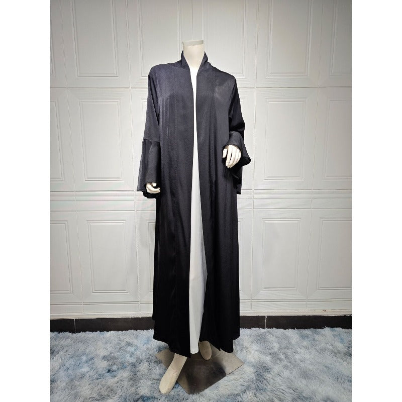 Lotus Leaf Sleeve Solid Soft Satin Open Front Abaya Dress | Lightweight Modest Abaya Cover(MOA220)