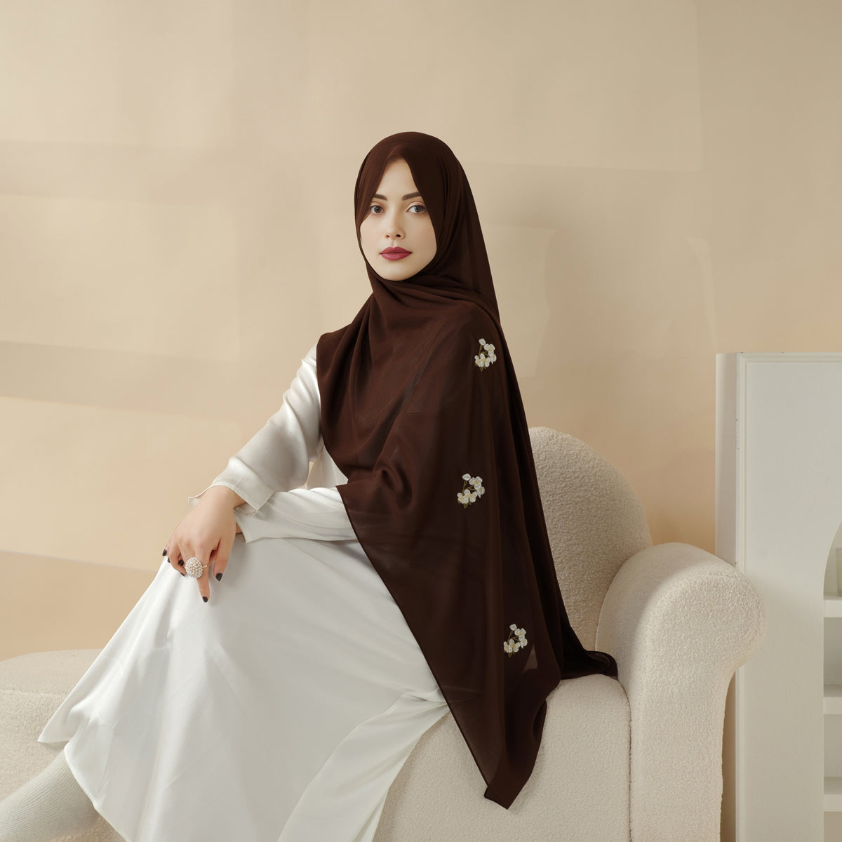 Plain Chiffon Shawl Hijab With Embroidery, Extra-Fine Embroidered Hijab (MH077)