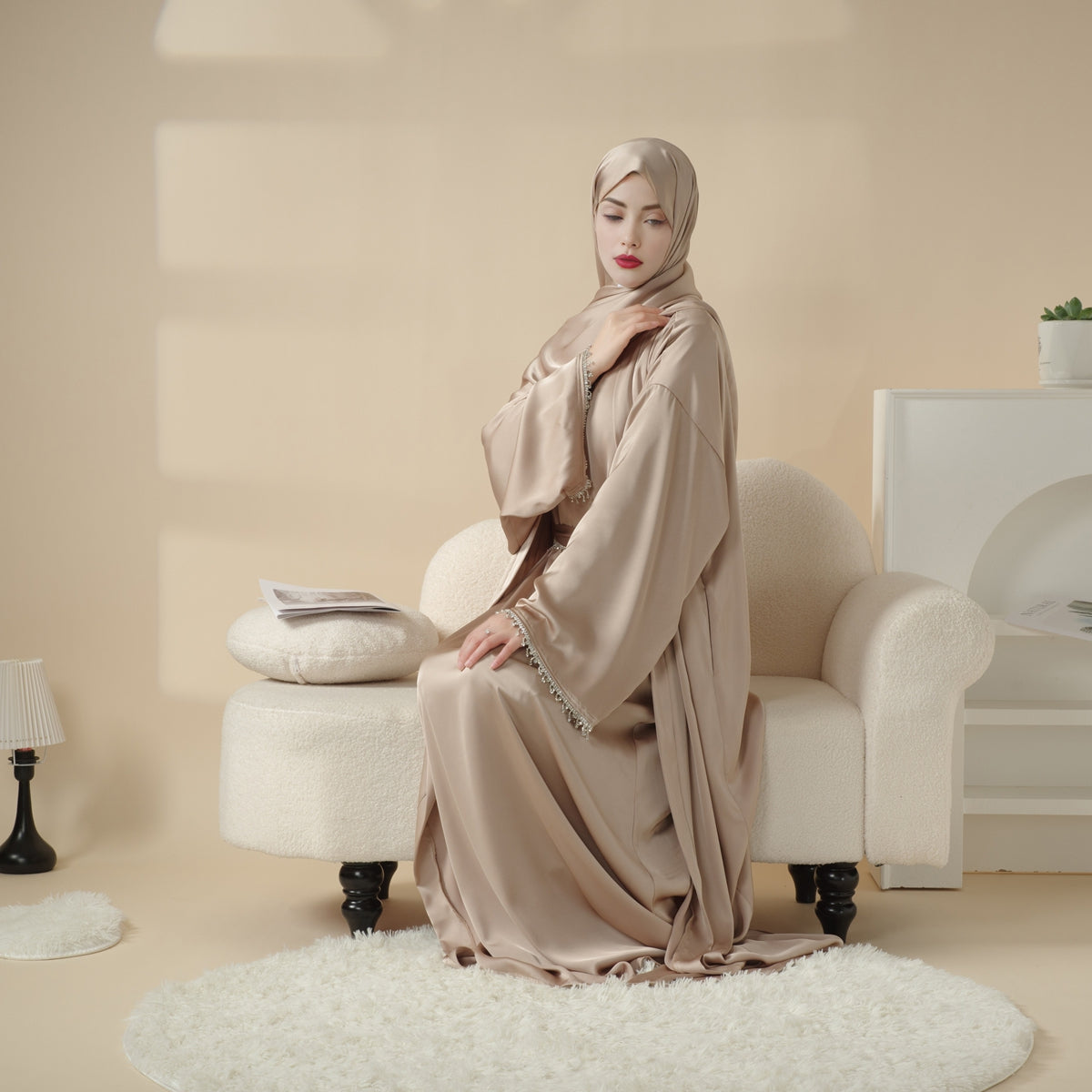 Archive Piece Satin Abaya With Matching Belt Made Of Diamond Tassel - MP003 (Size XXS Only)