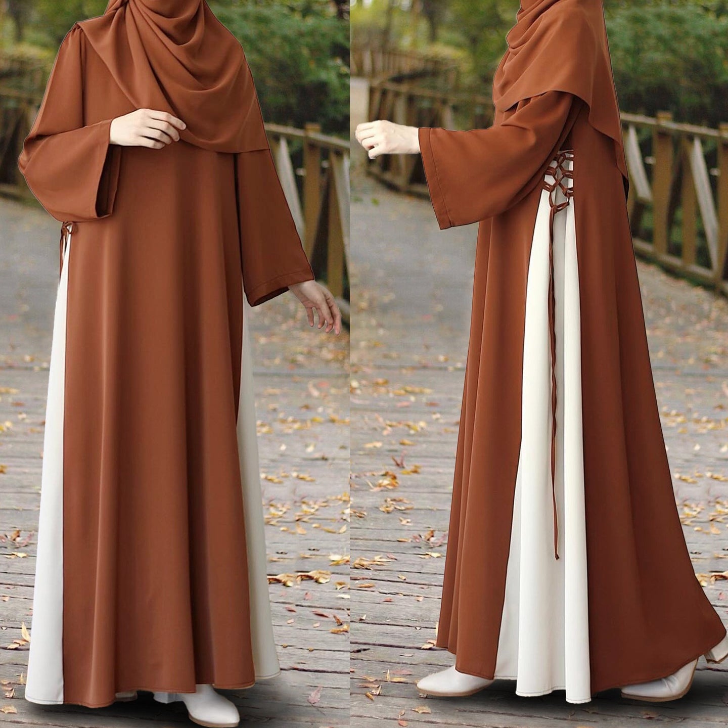 Colorblock Side-Tie Abaya | Two-Tone Round Neck Maxi Dress(MA362)