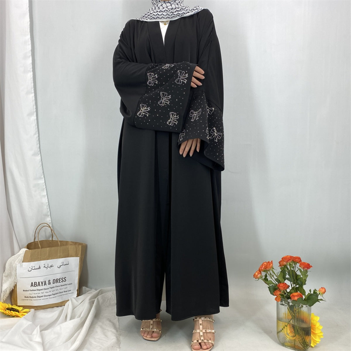Modest Luxury Exquisite Transfer Diamond Printer Butterfly Sleeve Abaya(MOA206)
