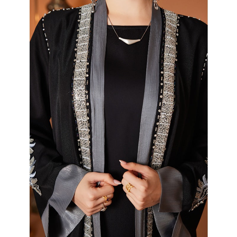 Luxury Embroidered Rhinestone Abaya | Open Front with Contrast Trim & Split Cuffs(MOA235)