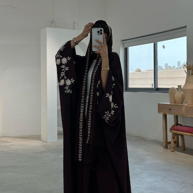 Embroidered Batwing Sleeve Abaya Set | Linen Blend Open Cardigan with Matching Hijab 2-Piece(MOA233)