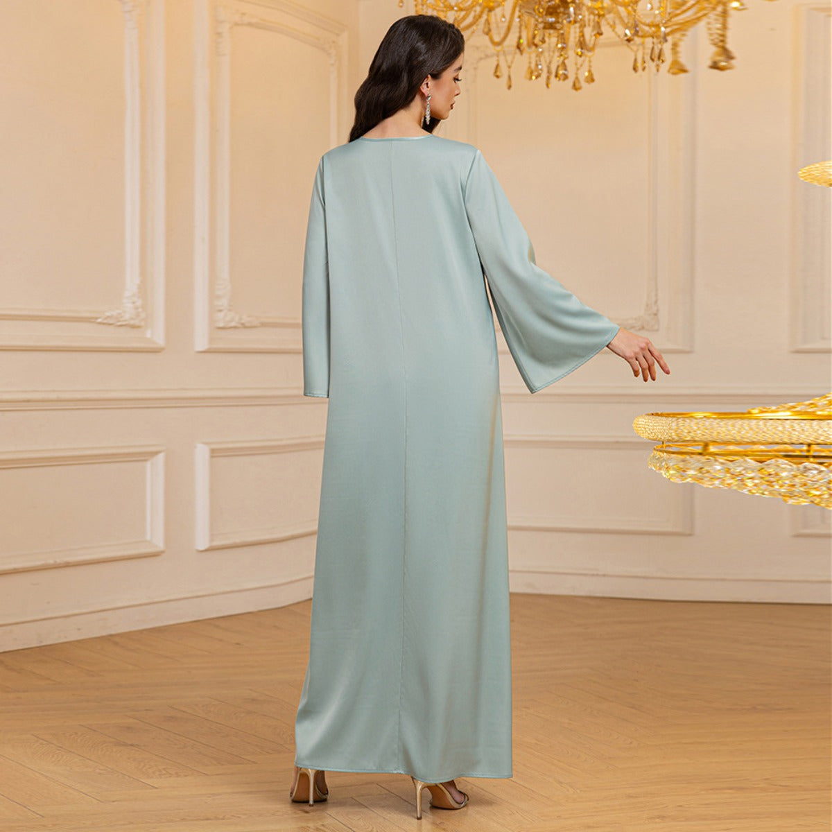 Luxury Textured Satin Diamond Embellished Robe Dress - High-End V-Neck Evening Gown with Flared Sleeves(MA276)