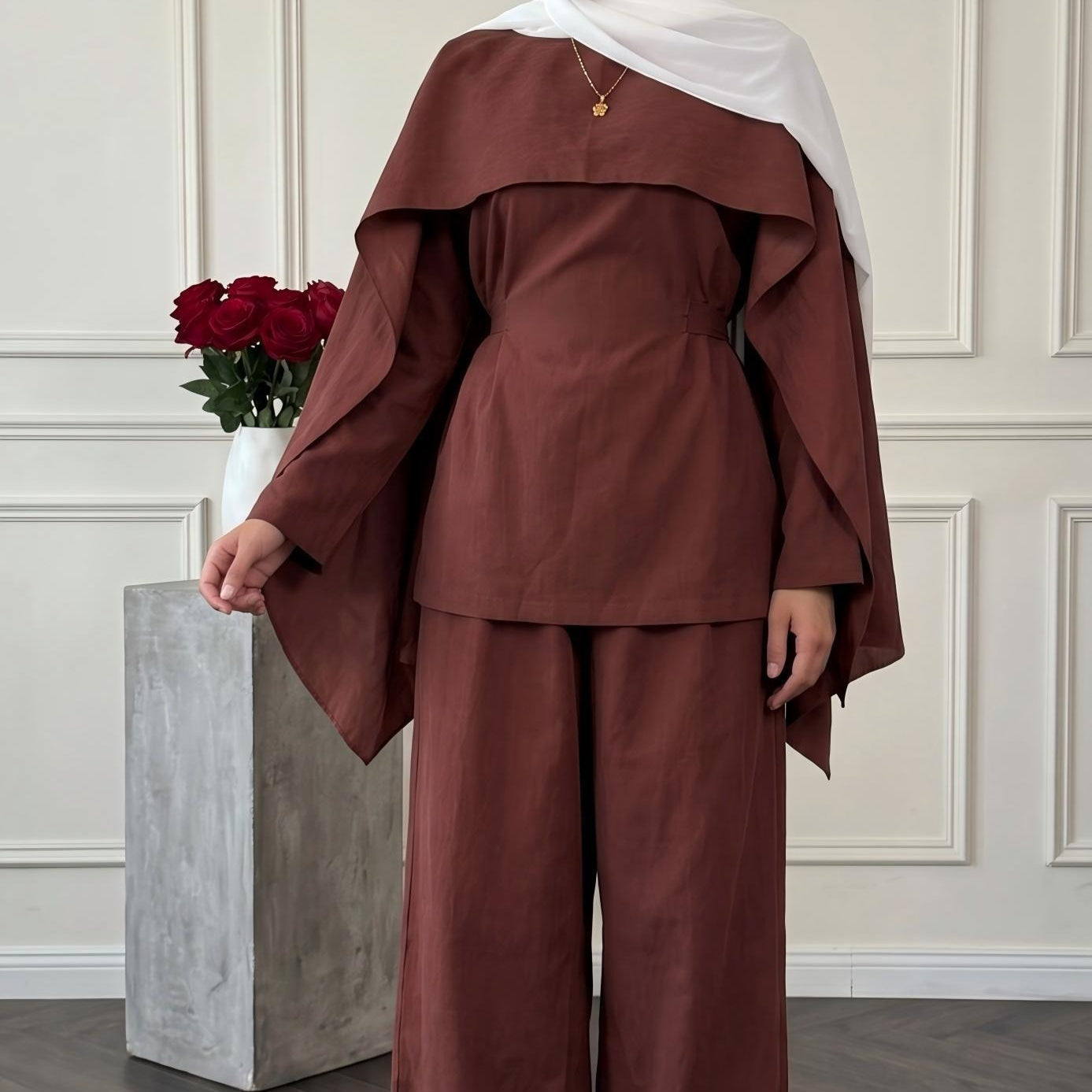 Detachable Shawl Long-Sleeve Top & Wide-Leg Trousers Three-Piece Co-ord Set(MS487)