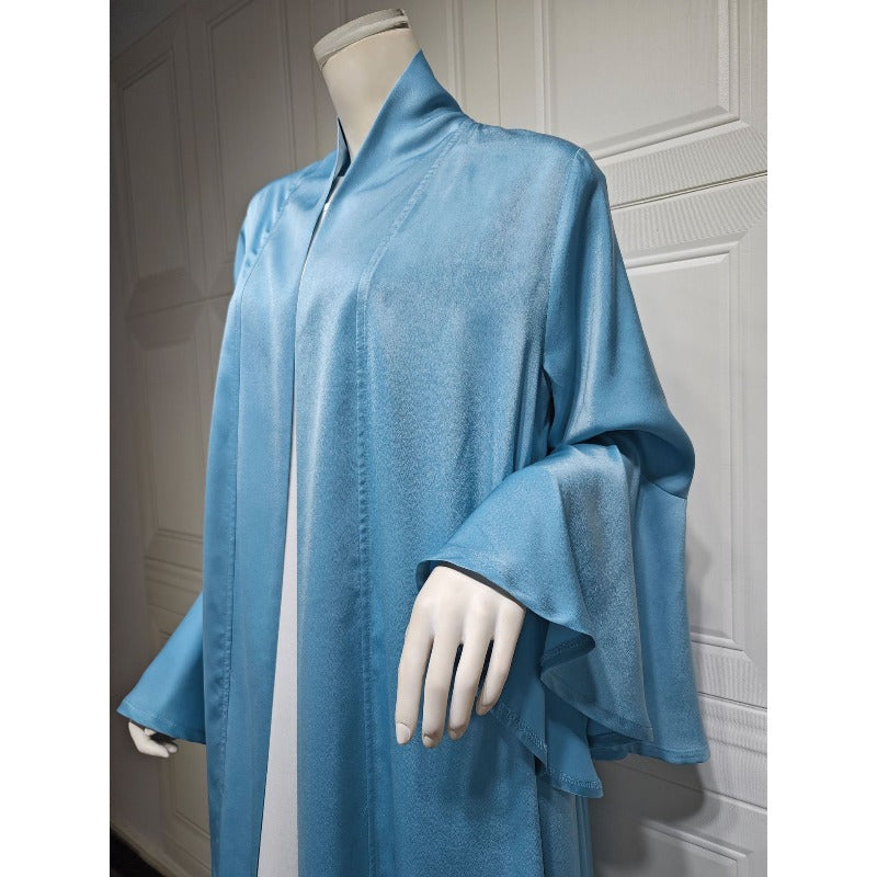 Lotus Leaf Sleeve Solid Soft Satin Open Front Abaya Dress | Lightweight Modest Abaya Cover(MOA220)
