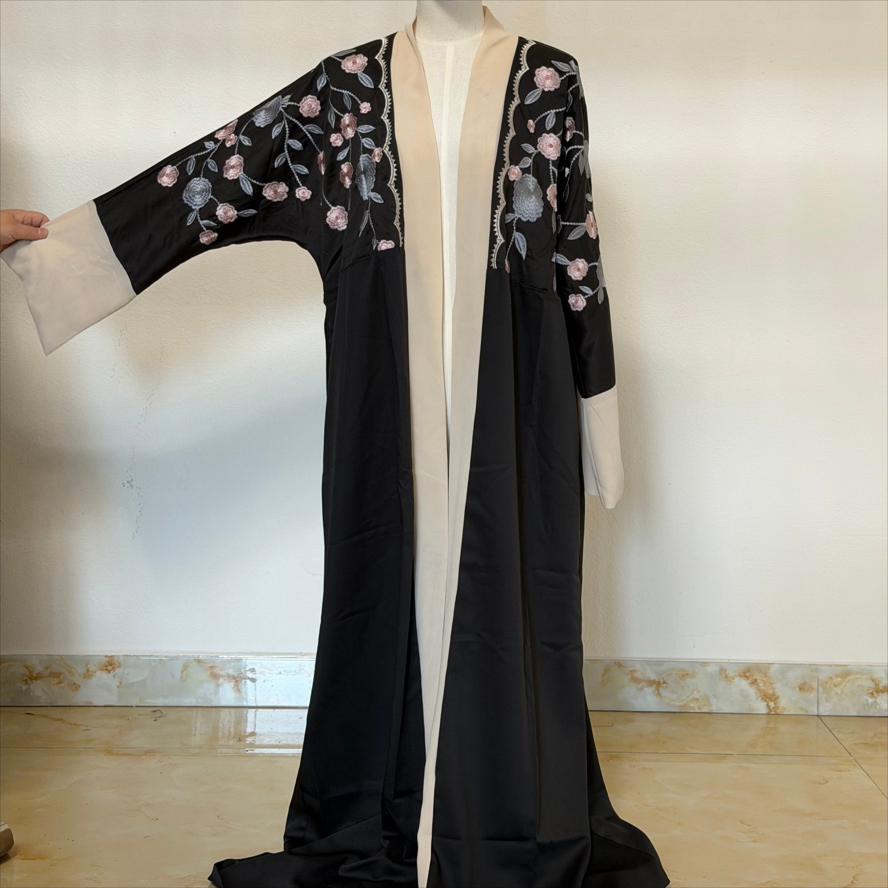 Archive Piece Floral Embroidered Satin Open Abaya - MP057 (Size L Only)
