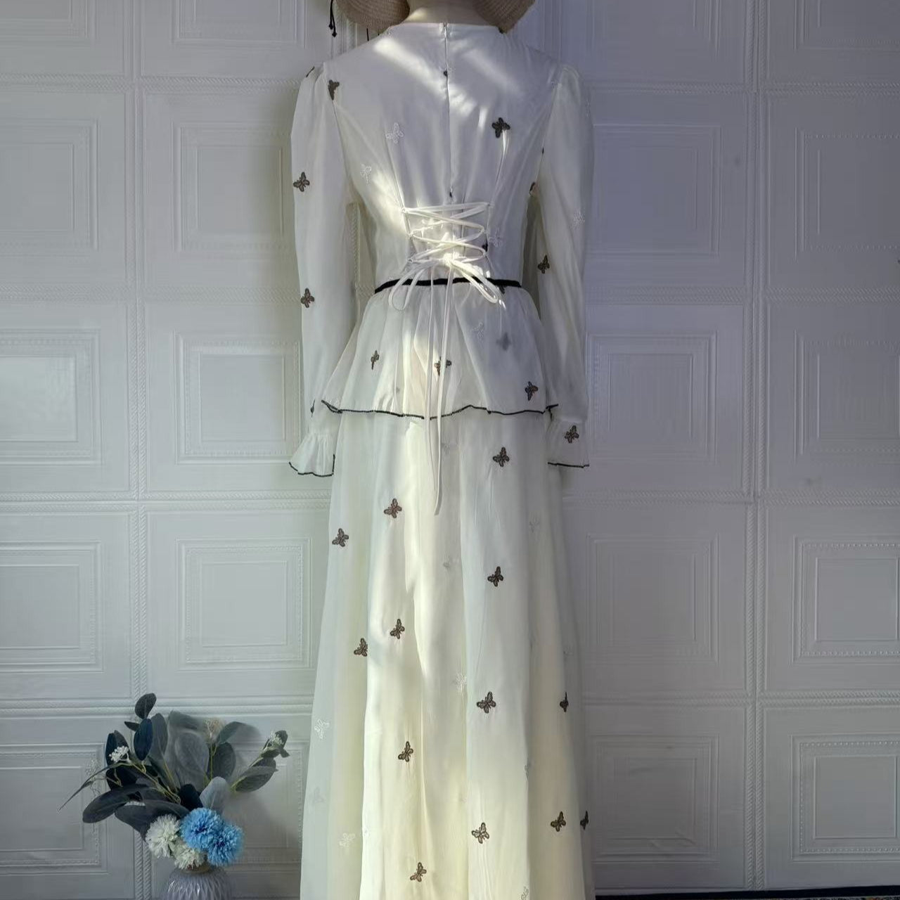 Butterfly Embroidered Maxi Dress | Long Sleeve Peplum Waist Dress(MS274)