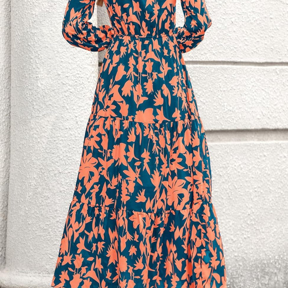 Floral Print V-Neck Midi Dress | Long Sleeve Elastic Waist Dress(MS271)
