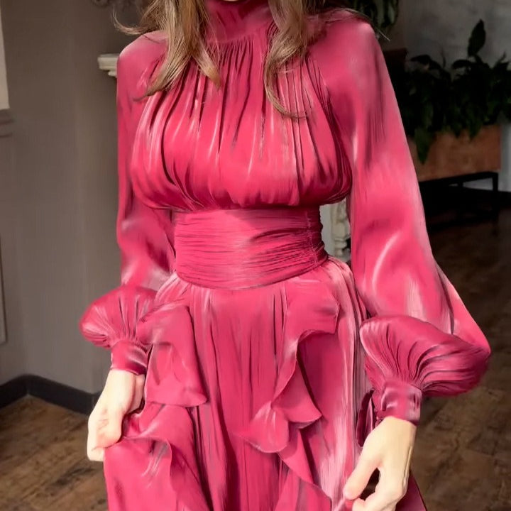 Cascading Ruffle Gown | High Neck Tie-Waist Maxi Dress(MS231)