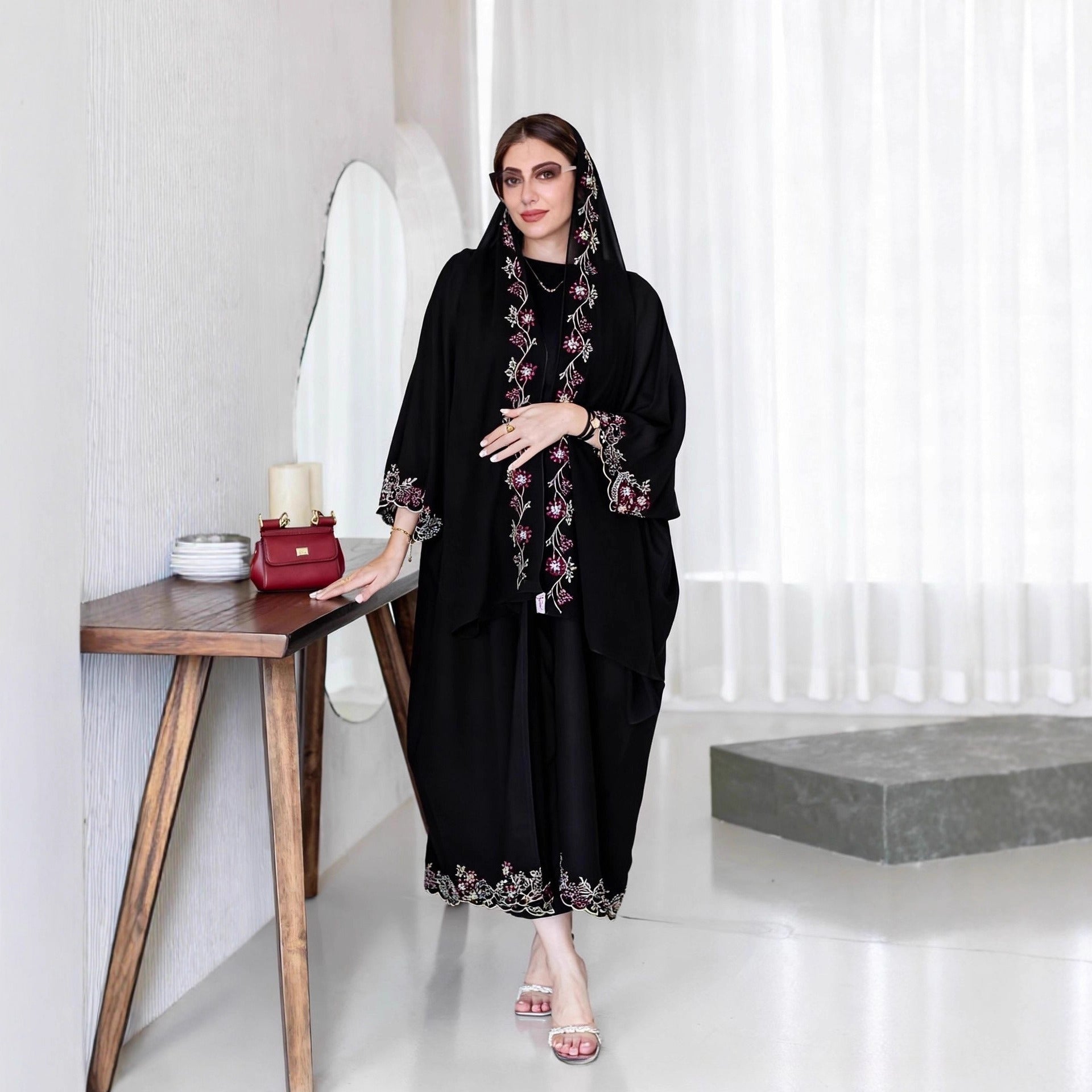 Black Abaya with Embroidered Floral Hijab Set(MOA279)
