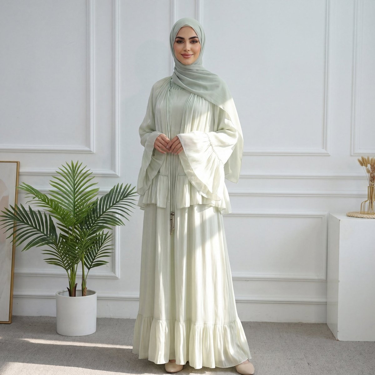 2 - Piece Crystal Beaded Ruffle Sleeve Abaya Set(MS405) - Mariam's Collection