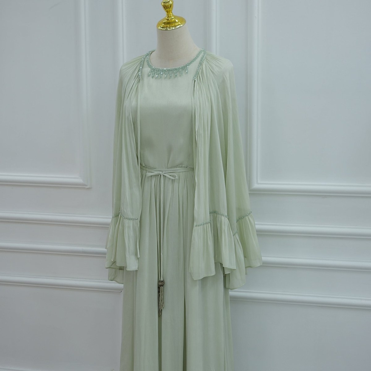 2 - Piece Crystal Beaded Ruffle Sleeve Abaya Set(MS405) - Mariam's Collection