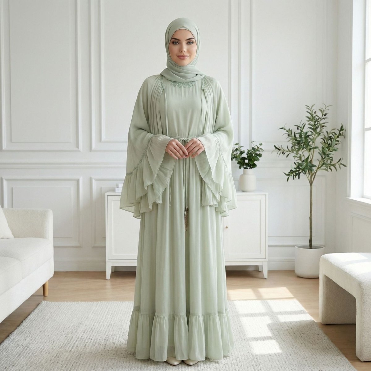 2 - Piece Crystal Beaded Ruffle Sleeve Abaya Set(MS405) - Mariam's Collection