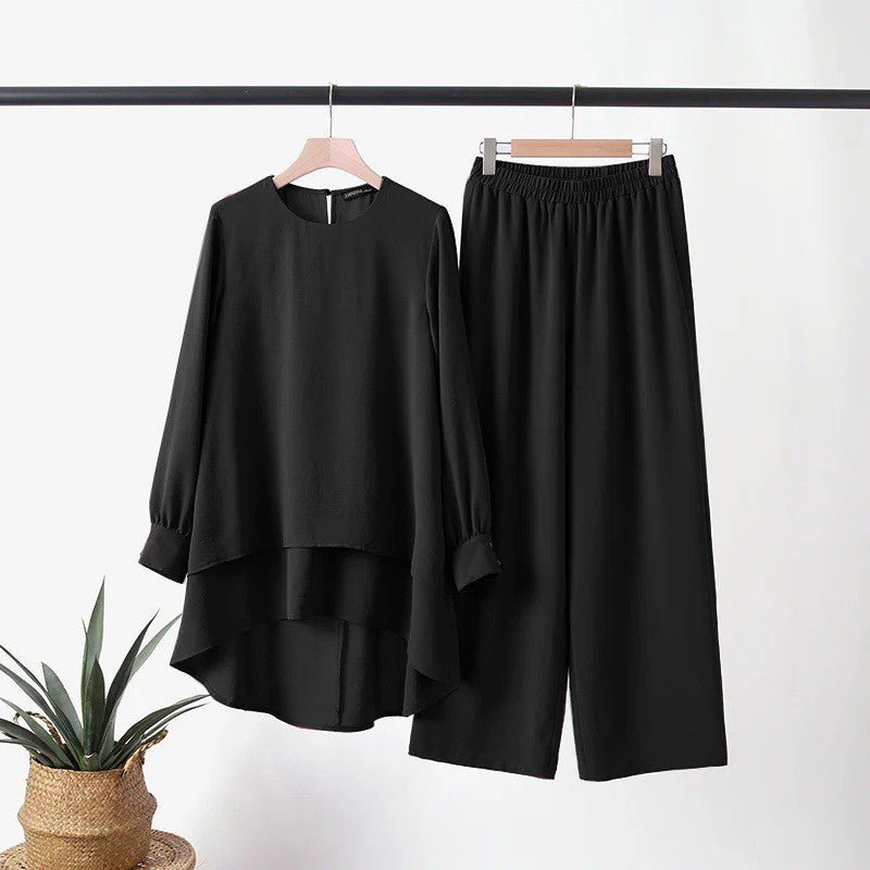 2-Piece Ice Silk Crinkle Hi-Lo Top & Wide Leg Pants Set(MS421) - Mariam's Collection