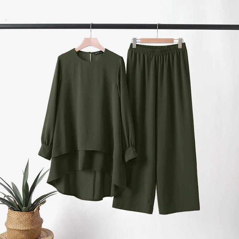 2-Piece Ice Silk Crinkle Hi-Lo Top & Wide Leg Pants Set(MS421) - Mariam's Collection