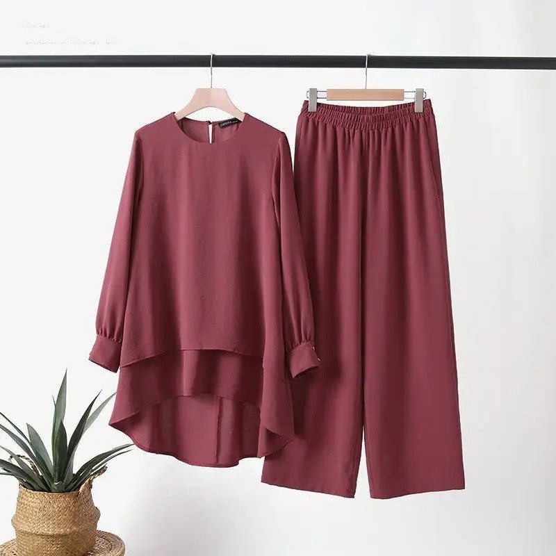 2-Piece Ice Silk Crinkle Hi-Lo Top & Wide Leg Pants Set(MS421) - Mariam's Collection