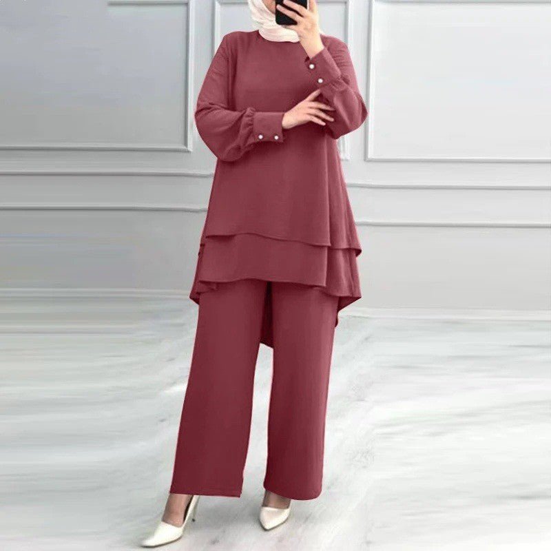 2-Piece Ice Silk Crinkle Hi-Lo Top & Wide Leg Pants Set(MS421) - Mariam's Collection