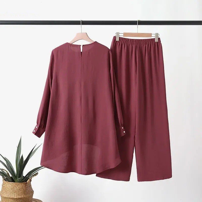 2-Piece Ice Silk Crinkle Hi-Lo Top & Wide Leg Pants Set(MS421) - Mariam's Collection