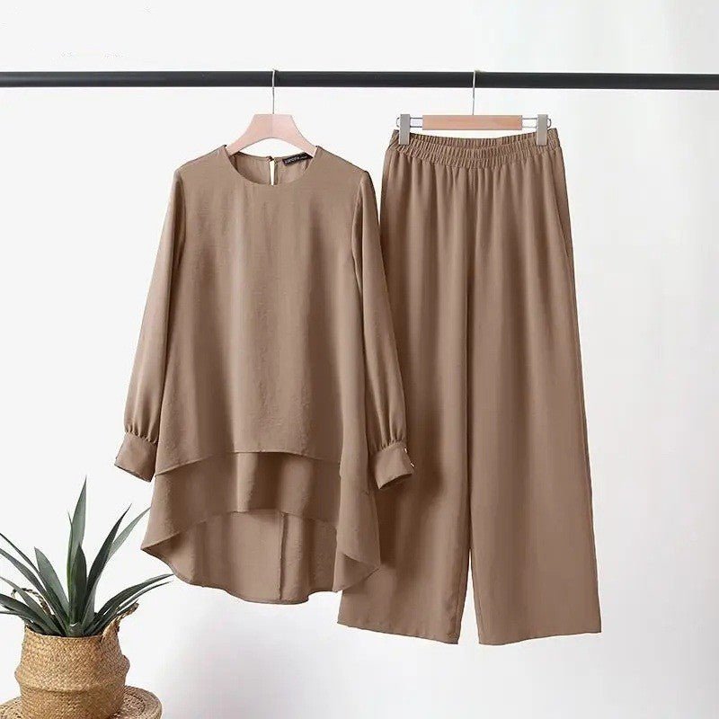 2-Piece Ice Silk Crinkle Hi-Lo Top & Wide Leg Pants Set(MS421) - Mariam's Collection