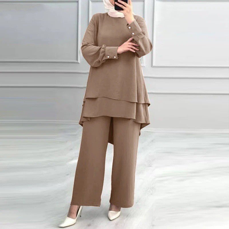 2-Piece Ice Silk Crinkle Hi-Lo Top & Wide Leg Pants Set(MS421) - Mariam's Collection