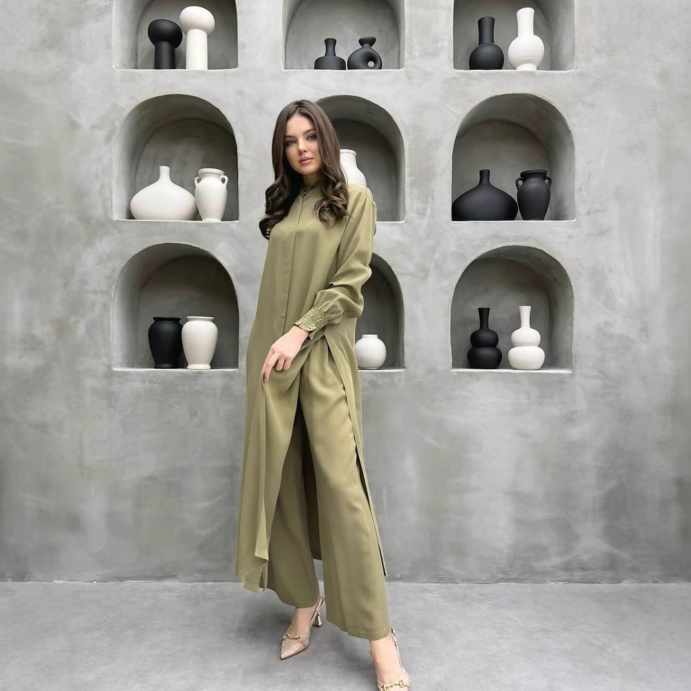 2-Piece Mandarin Collar Longline Shirt & Wide Leg Pants Set(MS418) - Mariam's Collection