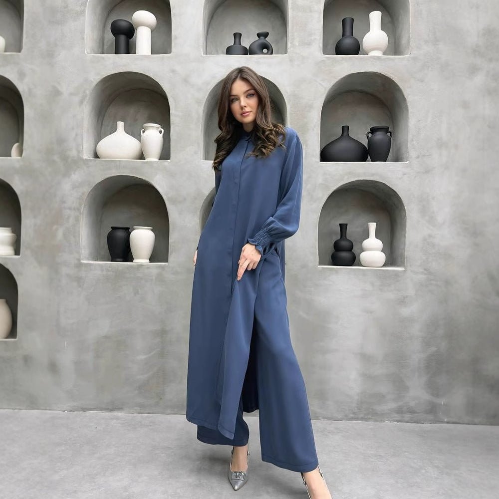 2-Piece Mandarin Collar Longline Shirt & Wide Leg Pants Set(MS418) - Mariam's Collection