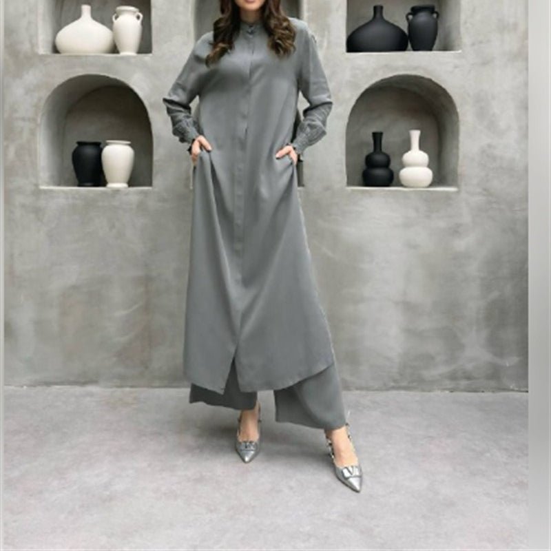 2-Piece Mandarin Collar Longline Shirt & Wide Leg Pants Set(MS418) - Mariam's Collection