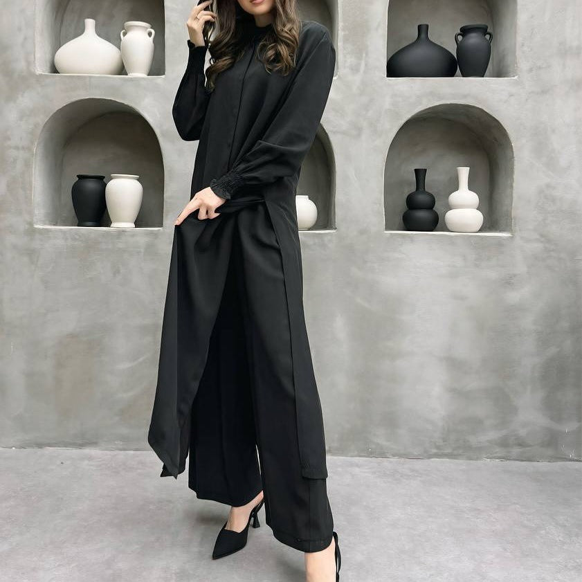 2-Piece Mandarin Collar Longline Shirt & Wide Leg Pants Set(MS418) - Mariam's Collection