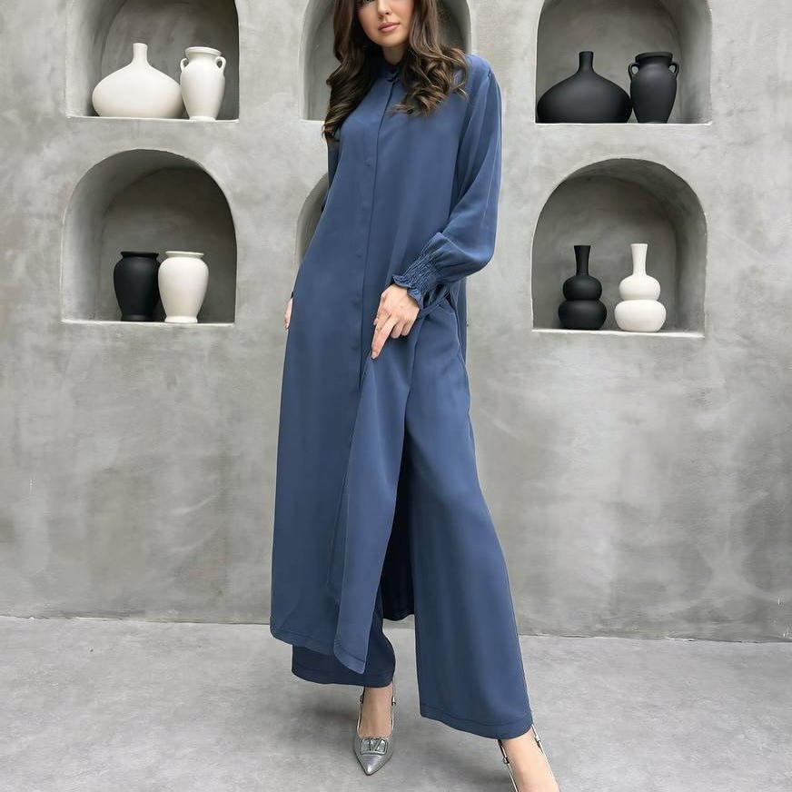 2-Piece Mandarin Collar Longline Shirt & Wide Leg Pants Set(MS418) - Mariam's Collection