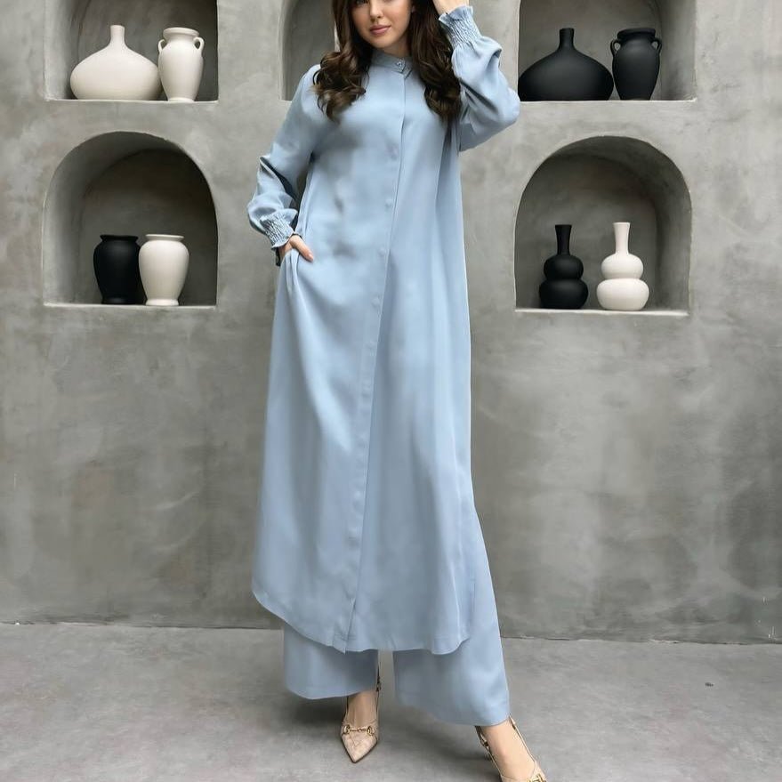 2-Piece Mandarin Collar Longline Shirt & Wide Leg Pants Set(MS418) - Mariam's Collection