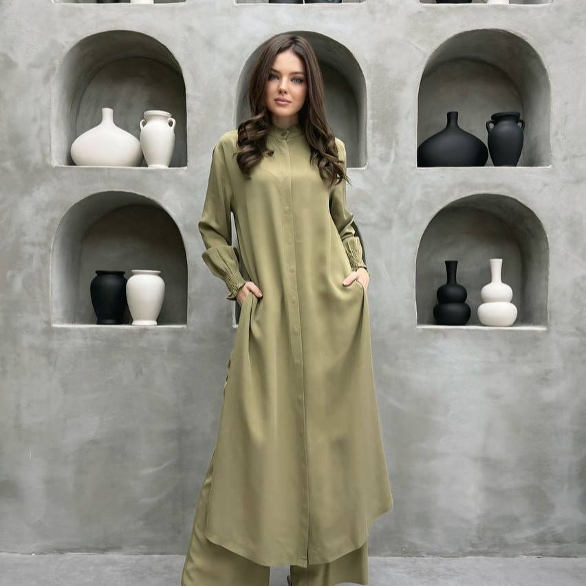 2-Piece Mandarin Collar Longline Shirt & Wide Leg Pants Set(MS418) - Mariam's Collection
