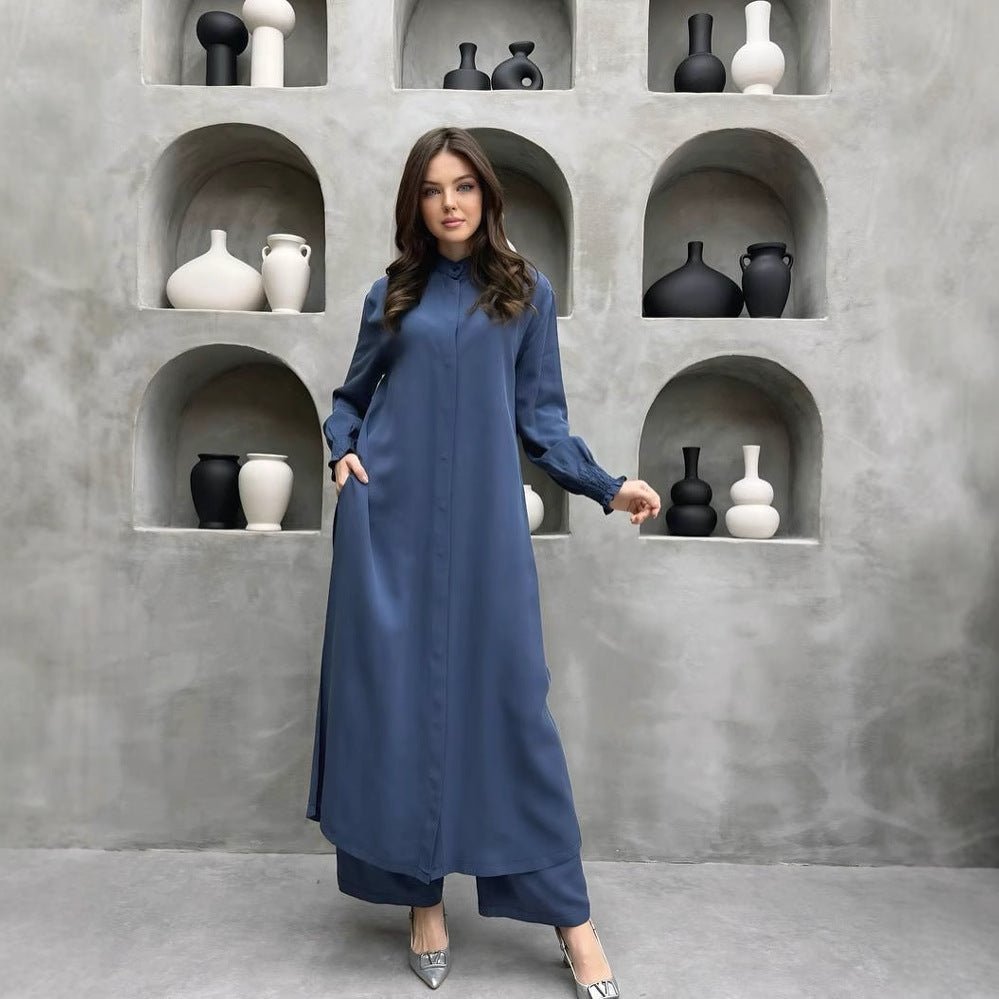2-Piece Mandarin Collar Longline Shirt & Wide Leg Pants Set(MS418) - Mariam's Collection