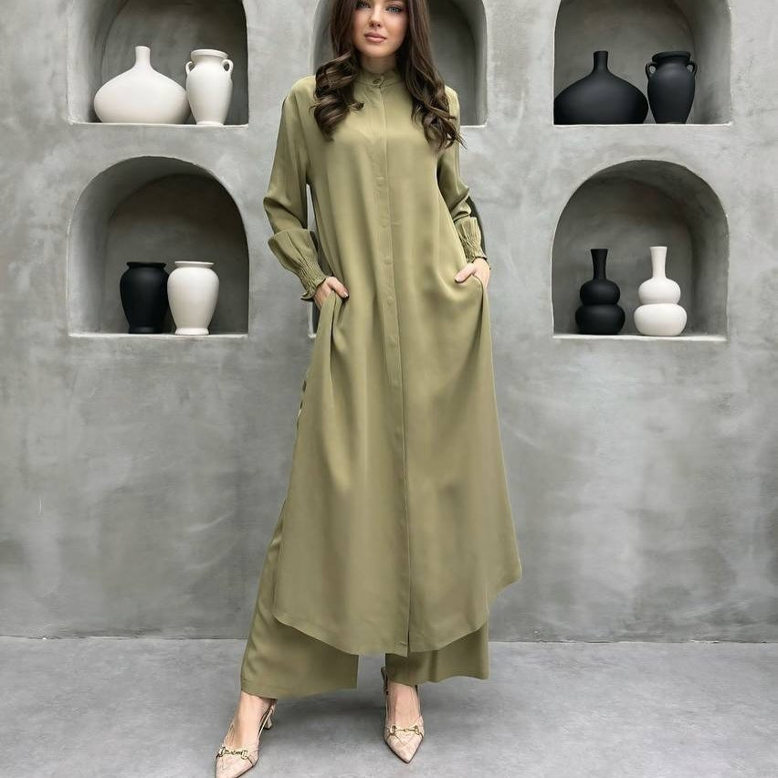 2-Piece Mandarin Collar Longline Shirt & Wide Leg Pants Set(MS418) - Mariam's Collection