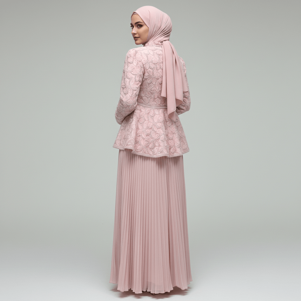 Full-length side profile of 3D rose peplum jacket over flowing pleated skirt