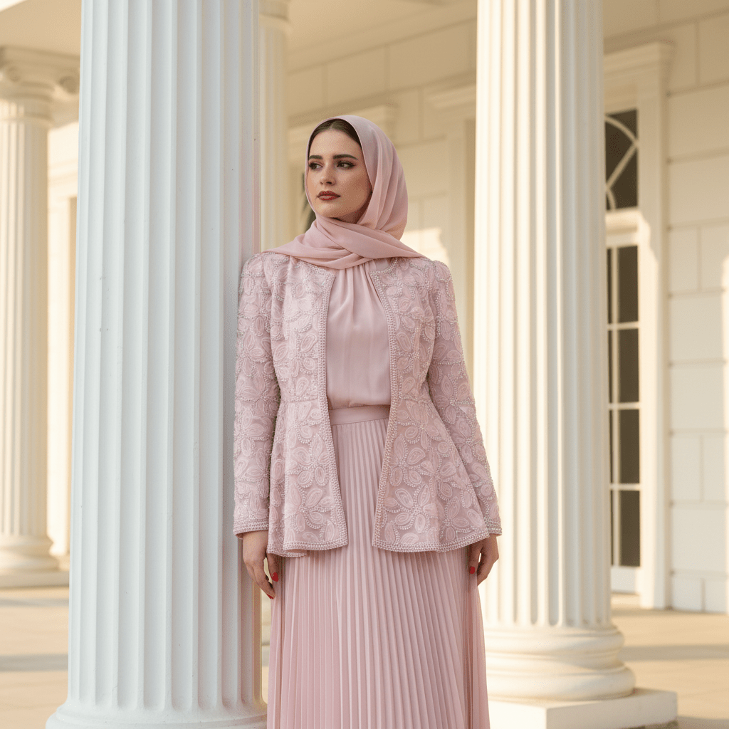 Pearl Beaded 3D Rose Embroidered Dress Set – Luxury Jacket Maxi