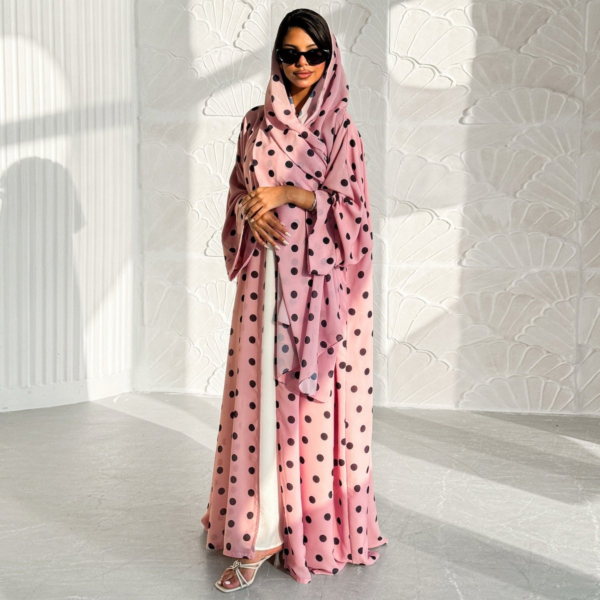 2 - Piece Polka Dot Print Open Abaya Set(MOA316) - Mariam's Collection
