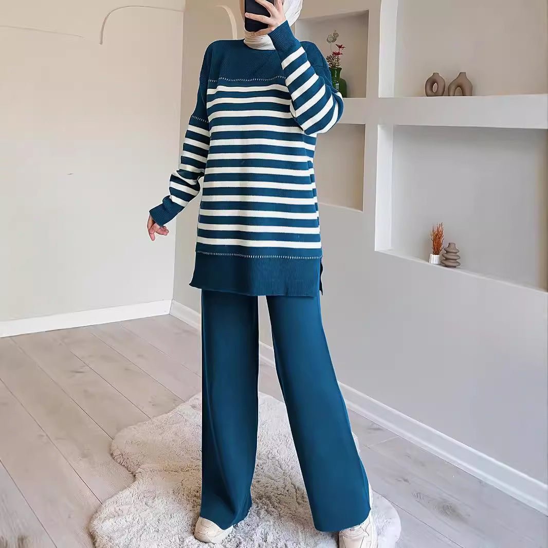 2-Piece Stripe Knit Sweater & Wide Leg Pants Set(MS426) - Mariam's Collection
