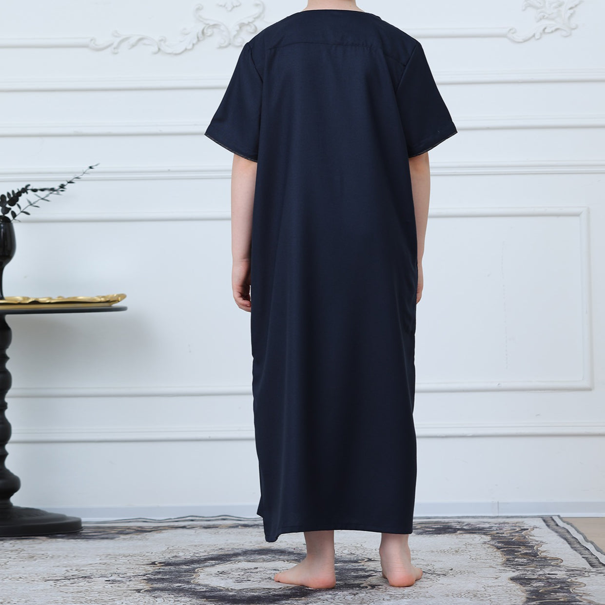 Boys Navy Short Sleeve Thobe with Chest Pocket(MKB022)